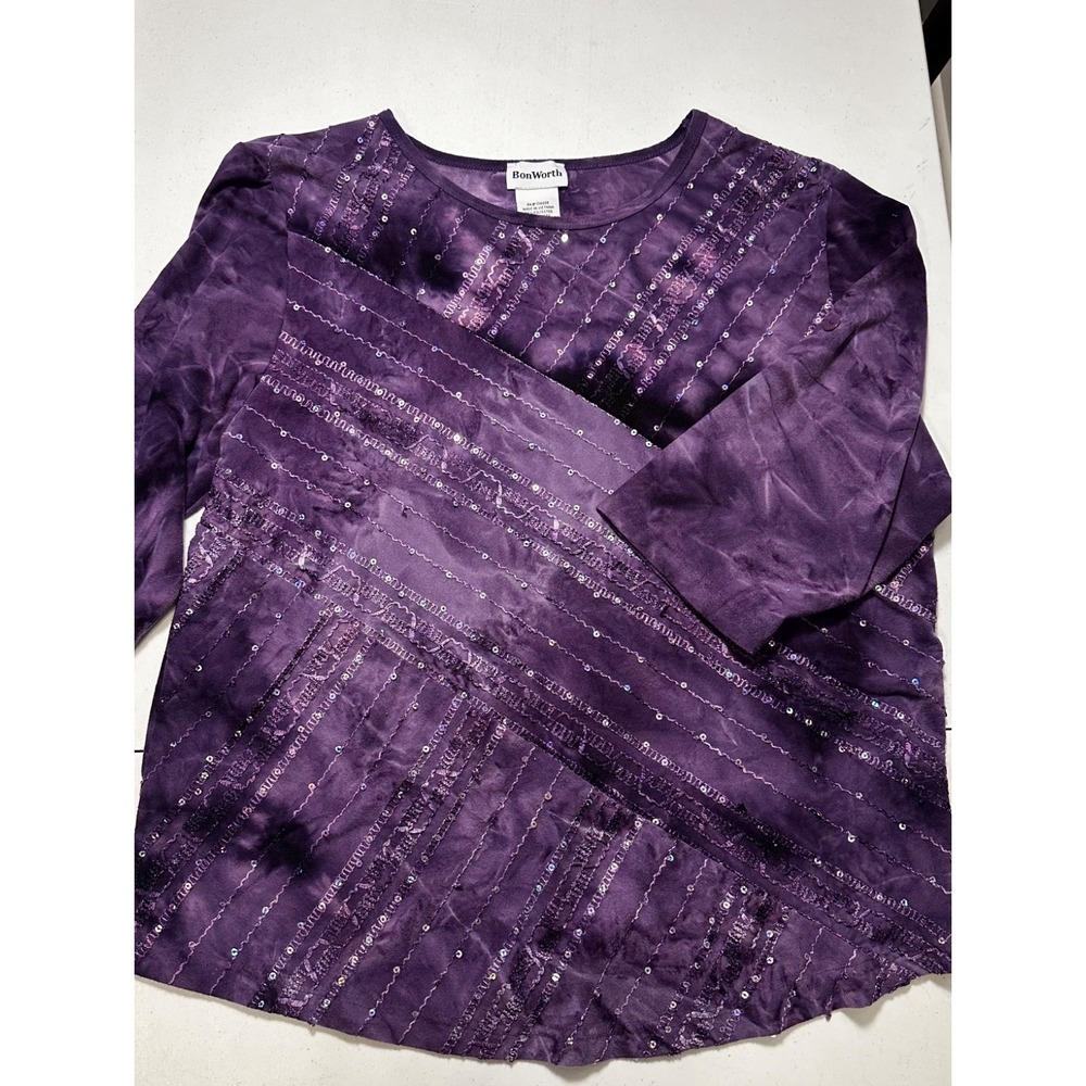 Women's‎ Purple BonWorth top with tie dye and sequins Medium Petite